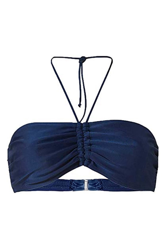 Women Bikini Top Halter Bandeau Ruched Front With Back Clasp Adjustable Strap Bathing Suit Top For Beach Pool Summer Water Sports,Dark Blue,2XL