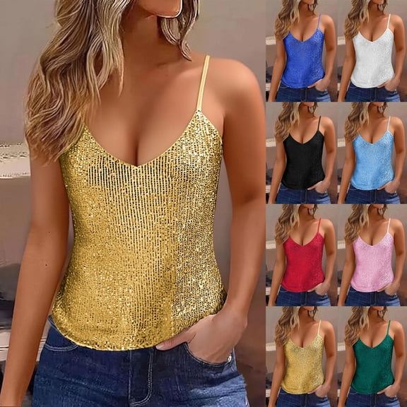 EliteGoogv Women Camisole Straps Top Classic Fit Carnival Holiday Tops V-Neck Camis Sequin Sleeveless Shirts Black L