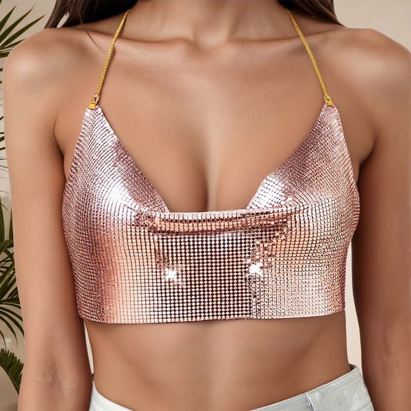 EliteGoogv Women Camisole Straps Top Classic Fit Halter Crop Tops For Party Carnival Camis Sequin Sleeveless Shirts Rose Gold One Size