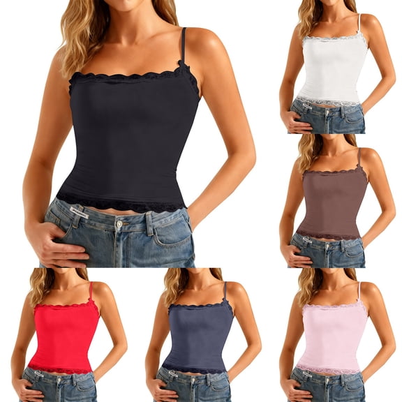 EliteGoogv Women Camisole Straps Top Slim Fit Camis Lace Trim Sleeveless Shirts Black L