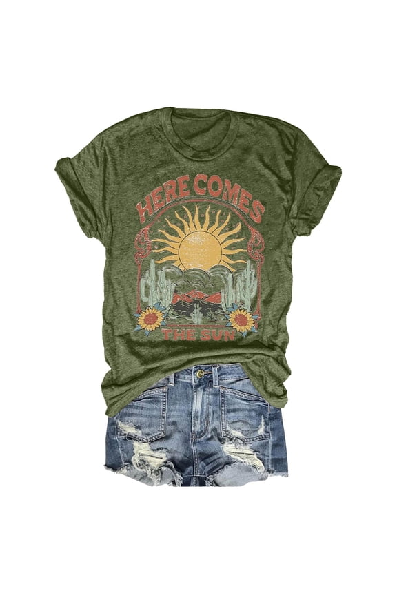 Women Crew Neck Short Sleeve T Shirt Tee Top Here Comes The Sun Desert Cactus Print Retro Western Style Loose Fit Casual Fashion Graphic Tee Tops,Army Green,L