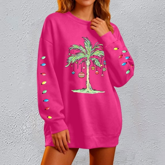 EliteGoogv Women Crewneck Sweatshirt Colored Lights Palm Tree Print Graphic Xmas Funny Christmas Pullover Daily Outdoor Hot Pink L