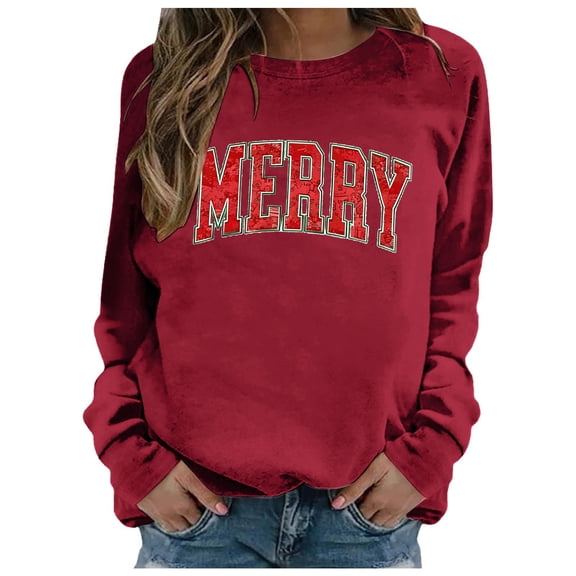 EliteGoogv Women Crewneck Sweatshirt letter print Sweatshirts Loose Fit Pullover Graphic Fashion Casual Streetwear Top Red S