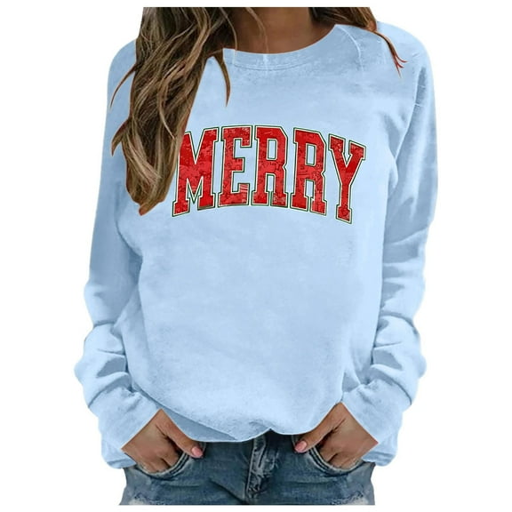 EliteGoogv Women Crewneck Sweatshirt letter print Sweatshirts Loose Fit Pullover Graphic Fashion Casual Streetwear Top Sky Blue S