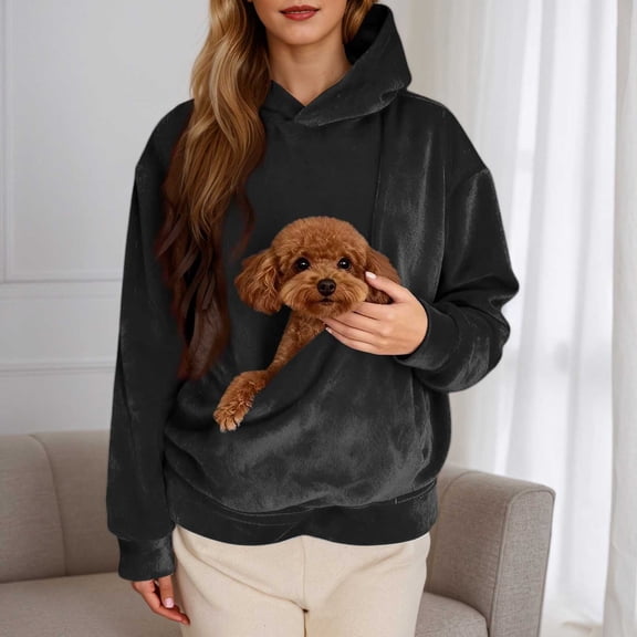 EliteGoogv Women Hoodies Hooded Sweatshirt Pet Carrie Pocket Pullover Comfort Fit Black 2XL