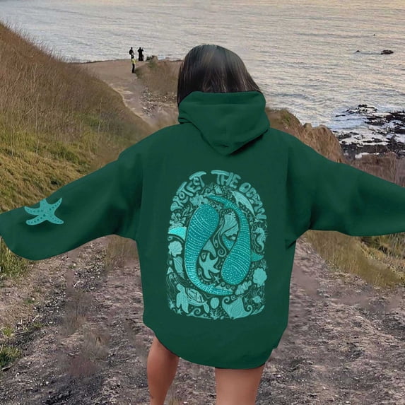 EliteGoogv Women Hoodies Sweatshirt For Women Womens Hoodies Pullover Hooded Graphic Sweatshirt For Women Fleece Lined Long Sleeve Casual Loose Fit Summer Beach Surf Print Top
