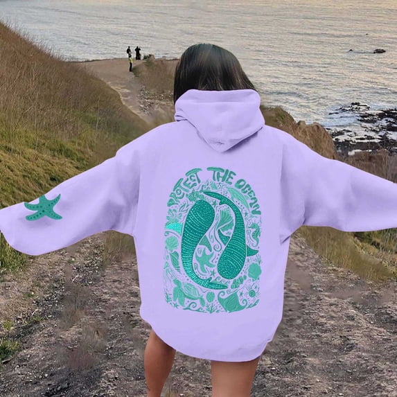 EliteGoogv Women Hoodies Sweatshirt For Women Womens Hoodies Pullover Hooded Graphic Sweatshirt For Women Fleece Lined Long Sleeve Casual Loose Fit Summer Beach Surf Print Top