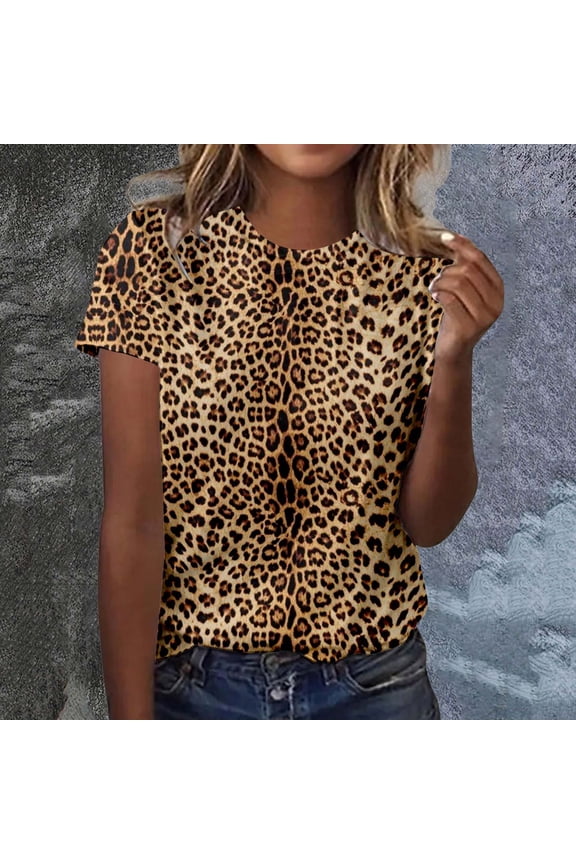 Women Leopard Print Crew Neck Short Sleeve T-Shirt Casual Wild Animal Print Fashion Streetwear Tee Shirts Blouses Tunics Tops,Khaki,XL