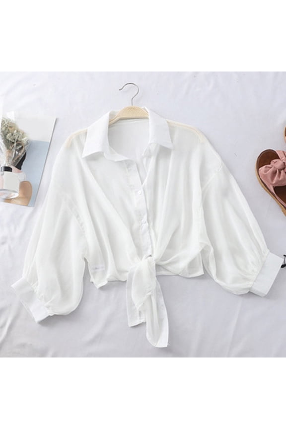 Women Lightweight Tie Front Button Down Shirt Sheer Chiffon Blouse Sun Protection Cover Up For Beach Summer Daily Wear,White,L