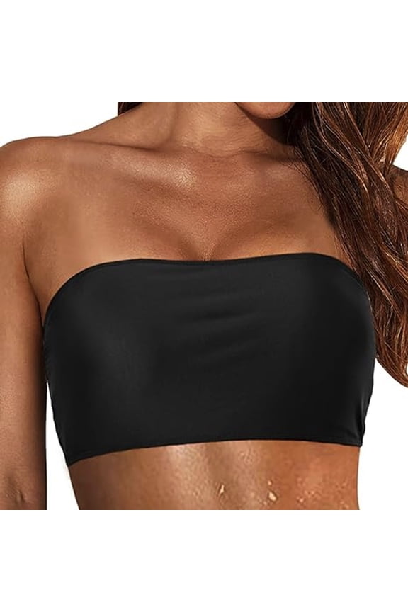 Women One Piece Bikini Top Bandeau Style Detachable Spaghetti Straps Solid Color Sexy Modest Swimwear Top Separates,Black,2XL
