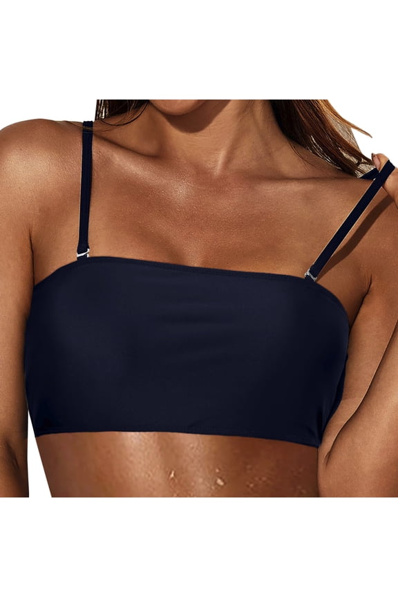 Women One Piece Bikini Top Bandeau Style Detachable Spaghetti Straps Solid Color Sexy Modest Swimwear Top Separates,Navy,2XL