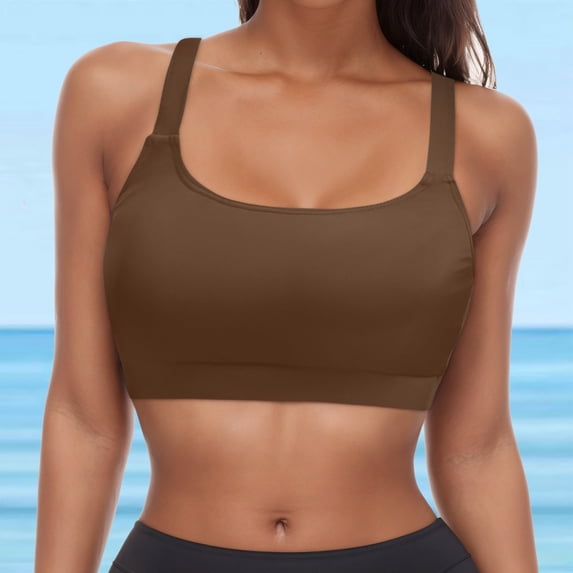 EliteGoogv Women One Piece Bikini Top Camouflage Print Wide Adjustable Straps U Neck Removable Pads Supportive Modest Swimwear Top Separates,Brown,M