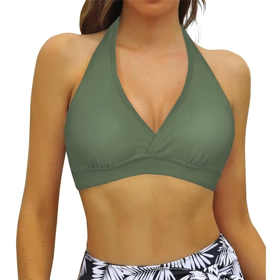 EliteGoogv Women One Piece Bikini Top Halter Neck Triangle Style Wrap Front Ruched Removable Pads Solid Color Sexy Modest Swimwear Top Separates,Army Green,2XL