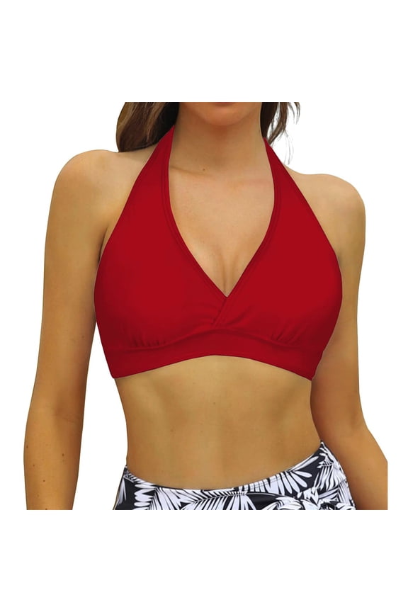 Women One Piece Bikini Top Halter Neck Triangle Style Wrap Front Ruched Removable Pads Solid Color Sexy Modest Swimwear Top Separates,Red,2XL