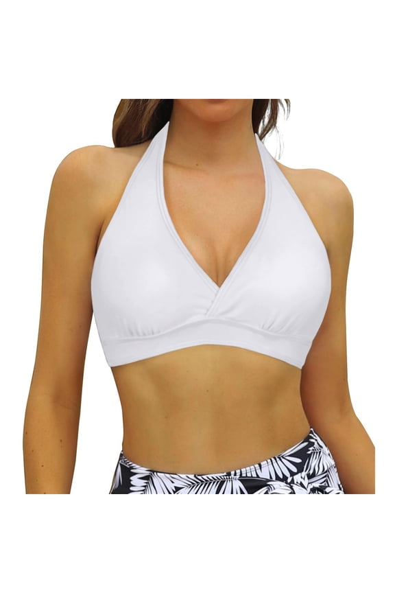 Women One Piece Bikini Top Halter Neck Triangle Style Wrap Front Ruched Removable Pads Solid Color Sexy Modest Swimwear Top Separates,White,XL