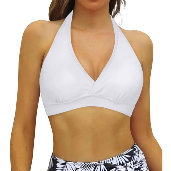 EliteGoogv Women One Piece Bikini Top Halter Neck Triangle Style Wrap Front Ruched Removable Pads Solid Color Sexy Modest Swimwear Top Separates,White,XL