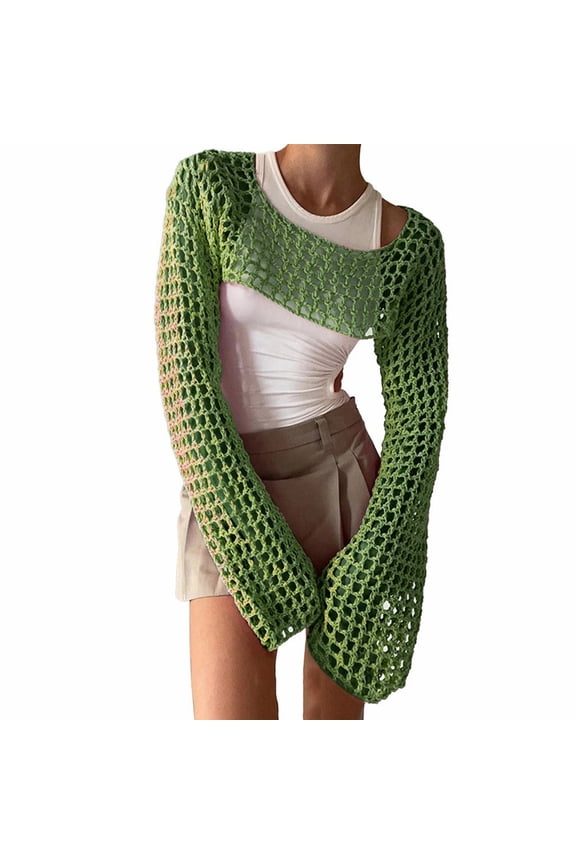 Women One Piece Crochet Crop Top Hollow Out Open Knit Long Sleeve Asymmetrical Neck Boho Beach Cover Up,Green,L