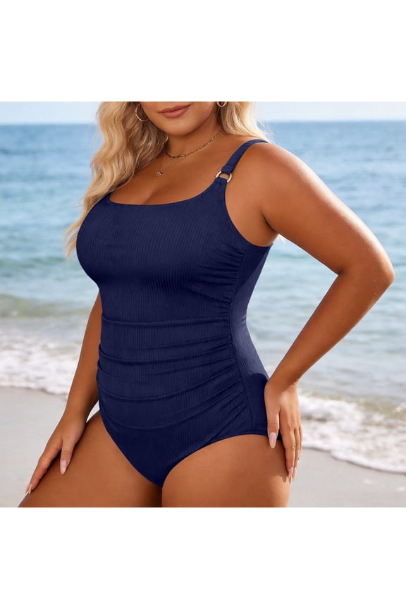Women One Piece Swimsuit Plus Size Ribbed Fabric Pleated Design Slim Fit Tummy Control Modest Bathing Suit,Dark Blue,12