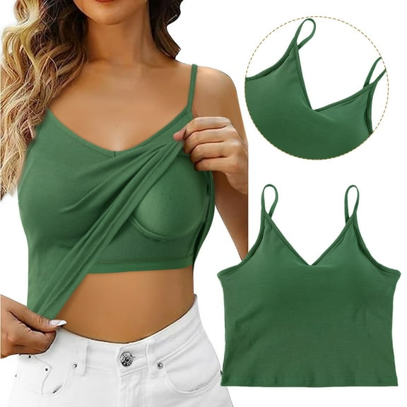 EliteGoogv Women'S Shelf Bra Camisole Tops Adjustable Spaghetti Strap Camink Cotton Tank Top With Built In Bra Cotton Sleeveless Shirts Green L