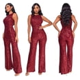 thumbnail image 1 of EliteGoogv Women Sequins Jumpsuit Sleeveless Round Neck One Piece Jumpsuit Slim Fit Wide Leg Pantsuit For Party Cocktail Nightclub Prom Event,Red,L, 1 of 7