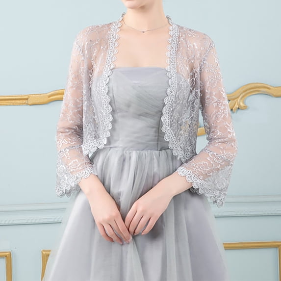 EliteGoogv Women Sheer Lace Bolero Jacket 3/4 Flare Sleeve Scalloped Edge Open Front Cardigan Bridal Wedding Cover Up For Evening Dress Formal Occasion Daily Wear,Grey,One Size