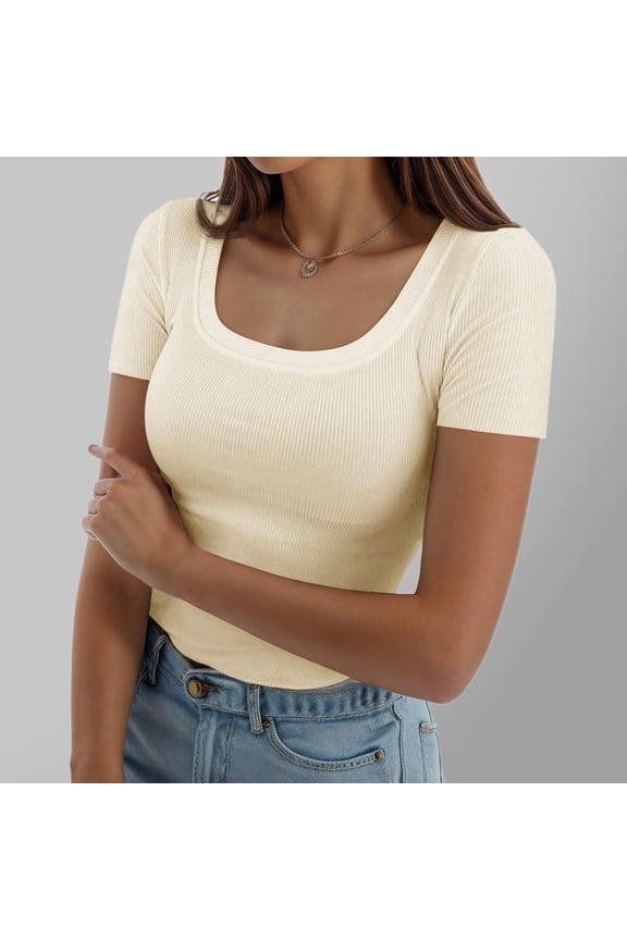 Women Square Neck Short Sleeve Knit Top Tee T-Shirt Cream Color Ribbed Slim Fit Bodycon Casual Fashion Basic Layering Tops For Women,Beige,L