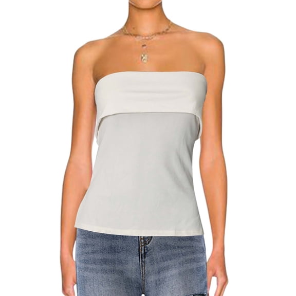 EliteGoogv Women Strapless Bandeau Tank Casual Sleeveless Shirt Blouse Side Slits Beige M