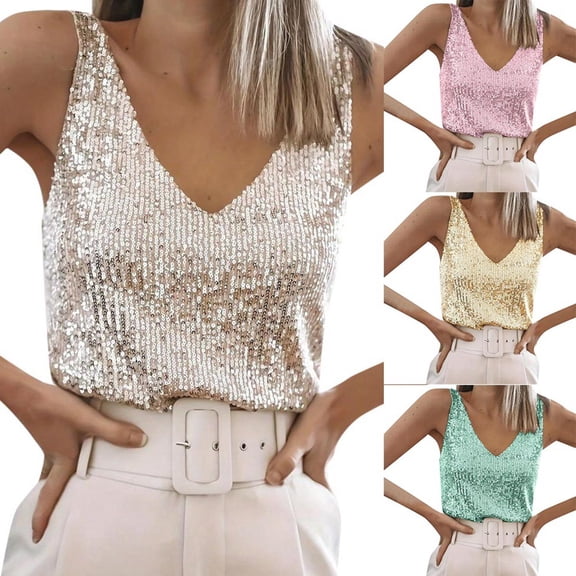 EliteGoogv Women Tank Top Classic Fit Carnival Holiday Tops V-Neck Vest Sequin Sleeveless Shirts Black L