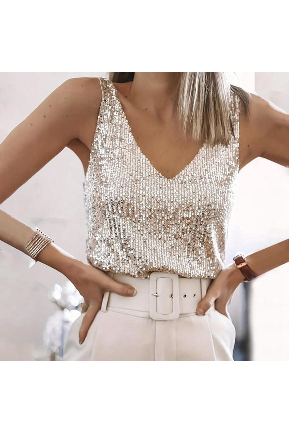 Women Tank Top Classic Fit Carnival Holiday Tops V-Neck Vest Sequin Sleeveless Shirts Light Yellow L