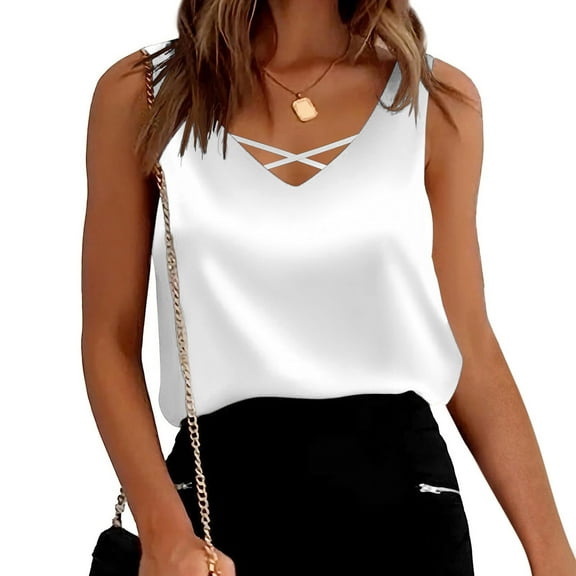 EliteGoogv Women Tank Top Classic Fit Solid Color Cross V-Neck Vest Silk Satin Sleeveless Shirts White XXL