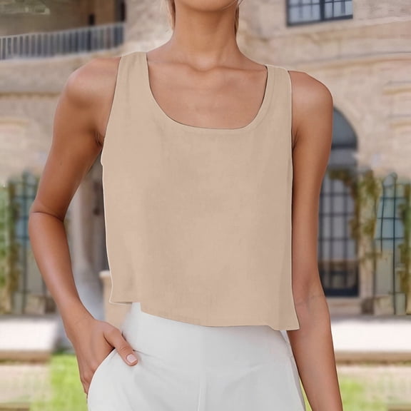 EliteGoogv Women Tank Top Loose Fit Solid Color Short Tee Vest Cotton Linen Blend Sleeveless Shirts Beige S