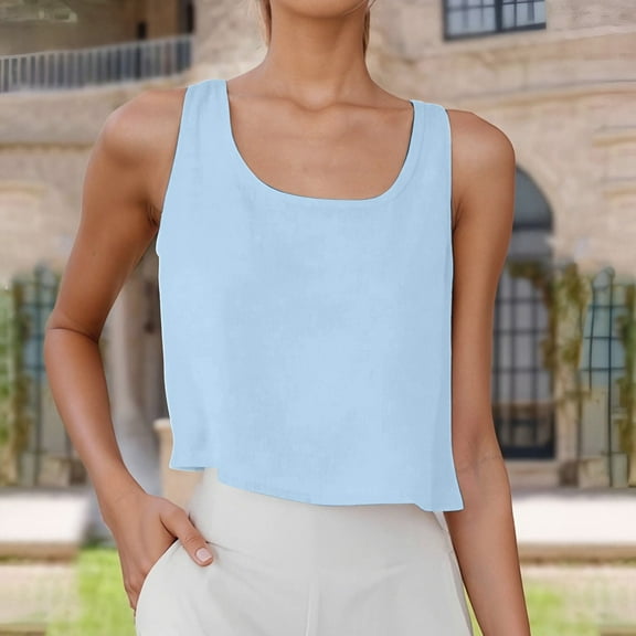 EliteGoogv Women Tank Top Loose Fit Solid Color Short Tee Vest Cotton Linen Blend Sleeveless Shirts Light Blue L