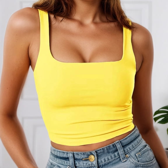 EliteGoogv Women Tank Top Slim Fit Square Neck Solid Color Crop Vest Ribbed Knit Sleeveless Shirts Yellow XS