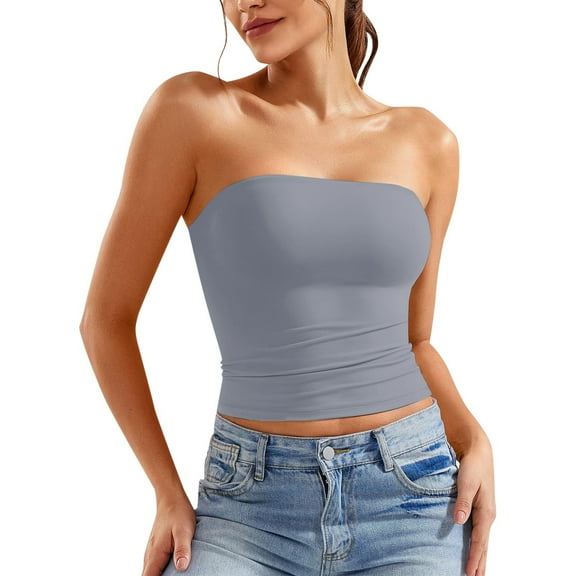EliteGoogv Women Tube Tops Strapless Bandeau Tops Slim Fit Summer Y2K Tank Tops Casual Casual Crop Top Bandeau Tanks Sleeveless Shirts Grey L