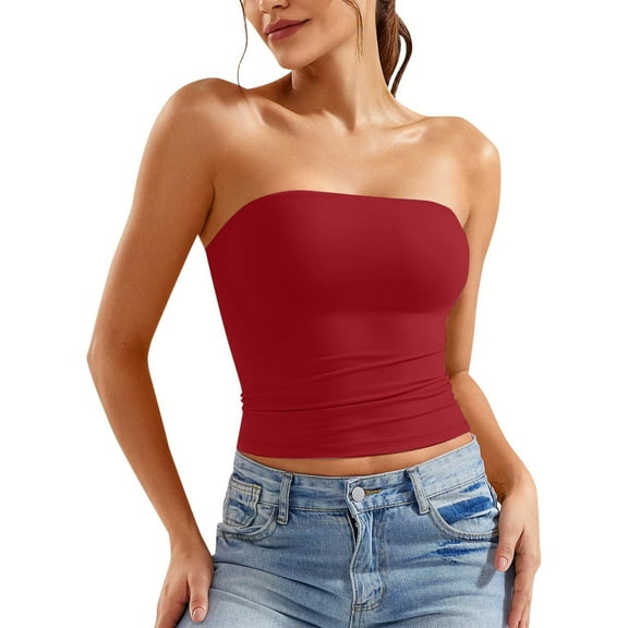 EliteGoogv Women Tube Tops Strapless Bandeau Tops Slim Fit Summer Y2K Tank Tops Casual Casual Crop Top Bandeau Tanks Sleeveless Shirts Red XL