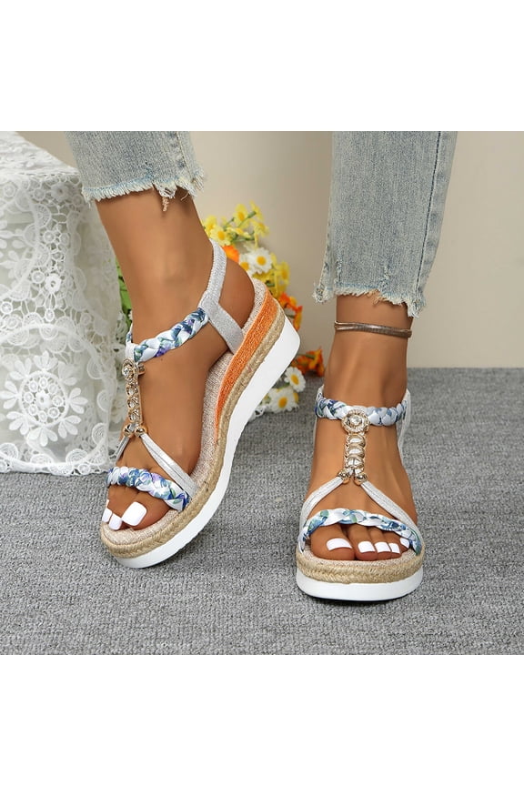 Women Wedge Sandals Breathable Woven Upper Cushioned Platform Women Sandals Boho Beaded Slip On Sandals For Women Summer Beach Shoes Silver US :6