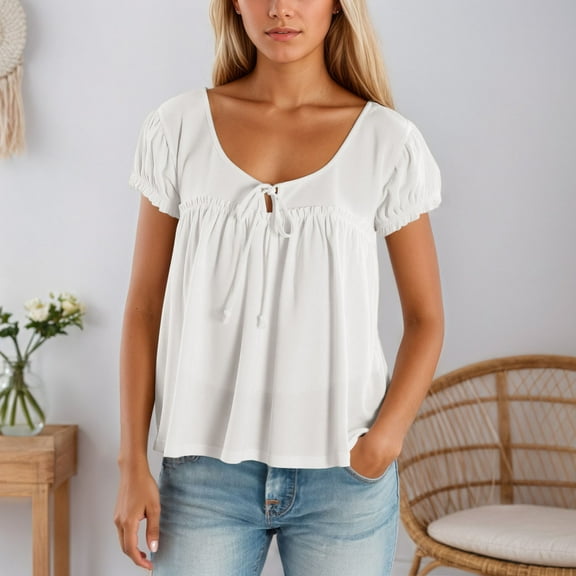EliteGoogv Women's Backless Tie Front T Shirt Casual Round Neck Summer Top Pure Color Daily Wear Blouse For Jeans Pants Cozy Womens Tee tops White S