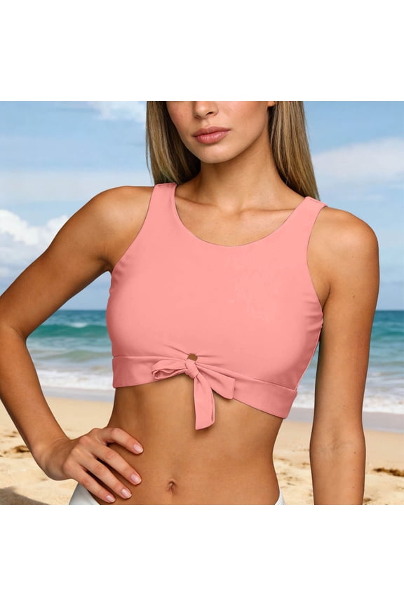 Women's Bikini Top Crewneck Wide Strap Swimwear Stretchy Solid Color Bathing Suits Pool Wear Vacation Holiday Beachwear,Pink,S
