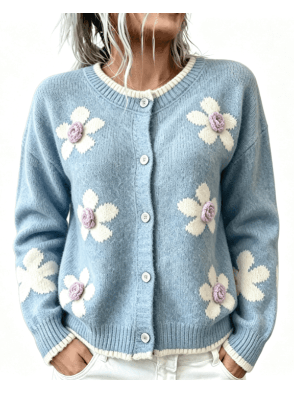 Women's Floral Cardigan Button Down Round Neck Long Sleeve Knit Sweater Casual Fall Winter Outwear,S