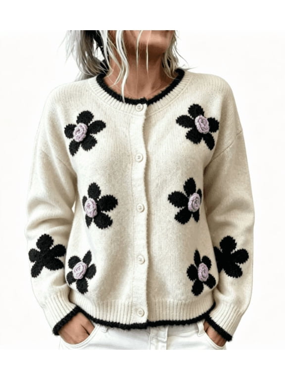 Women's Floral Cardigan Button Down Round Neck Long Sleeve Knit Sweater Casual Fall Winter Outwear,XXL