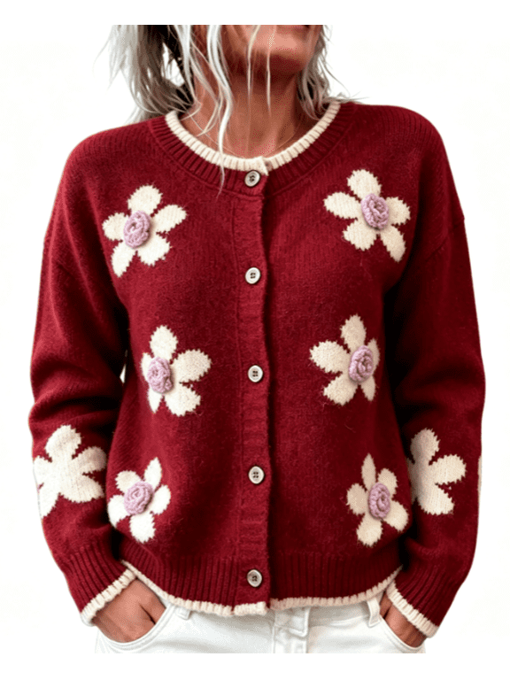 Women's Floral Cardigan Button Down Round Neck Long Sleeve Knit Sweater Casual Fall Winter Outwear,XXL