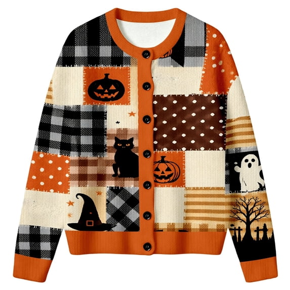 EliteGoogv Women's Halloween Graphic Cardigan Button Down Long Sleeve Knit Sweater Loose Fit Casual Fall Winter Outwear,XXL