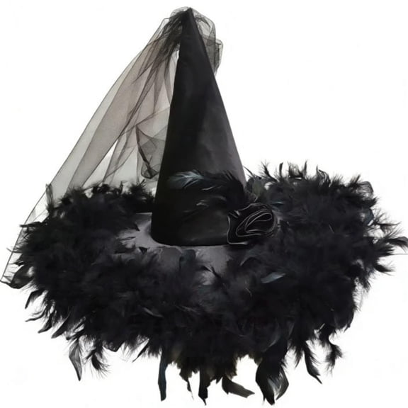 EliteGoogv Women's Halloween Witch Hat Gothic Pointed Wide Brim Party Hat with Mesh Veil and Ruffled Masquerade Dress Hat for Adults