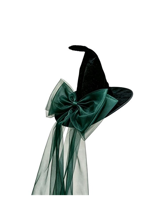 Women's Halloween Witch Hat Gothic Pointed Wide Brim Party Hat with Ribbon Bow and Ruffled Masquerade Dress Hat for Adults