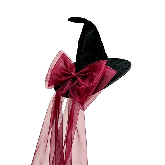 EliteGoogv Women's Halloween Witch Hat Gothic Pointed Wide Brim Party Hat with Ribbon Bow and Ruffled Masquerade Dress Hat for Adults