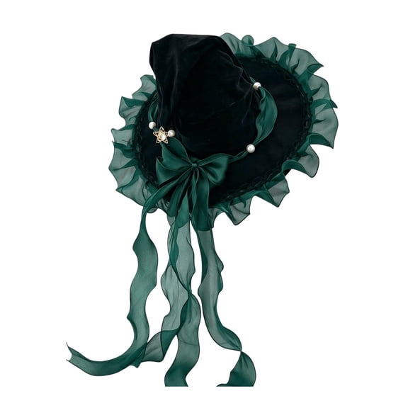 EliteGoogv Women's Halloween Witch Hat Gothic Pointed Wide Brim Party Hat with Ribbon Bow and Star Charm for Adults