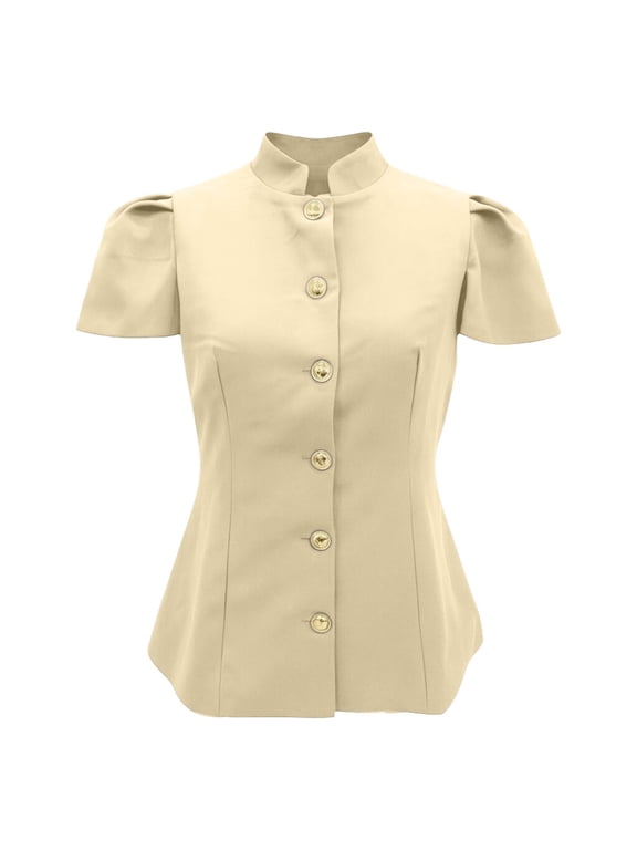 Women's Mandarin Collar Button Down Shirt Short Sleeve Slim Fit Top Soft Casual Spring Summer Blouse,S