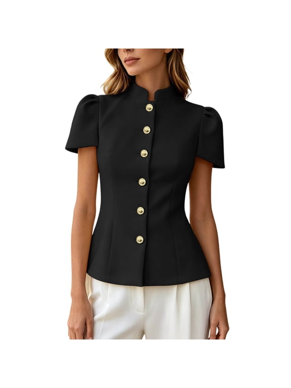 Women's Mandarin Collar Button Down Shirt Short Sleeve Slim Fit Top Soft Casual Spring Summer Blouse,S