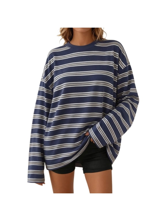 Women's Oversized Striped T-Shirt Long Sleeve Crewneck Loose Fit Top Casual Spring Fall Tee,M