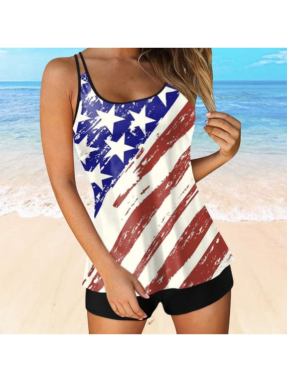 Women's Patriotic Two Piece Tankini Set 4th of July Outfit Swimwear Soft 250th Independence Day Bathing Suits Pool Party Summer Outdoor Beachwear,Red,S